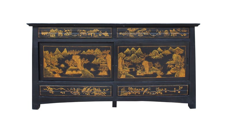 Chinese Fujian Golden Graphic Sideboard High Credenza Console Table TV Cabinet cs3509E image 1