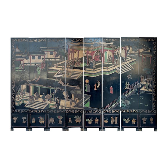 Vintage Chinese Coromandel Lacquer Court House Theme 8 Panel