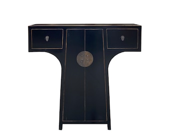 Chinese Moon Face T-Shape Black Lacquer Drawers Side Table Cabinet cs7478E