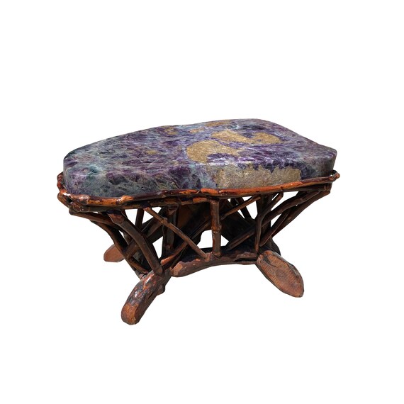 Crystal Jade Stone Top Bamboo Wood Stick Base Accent Stool Stand