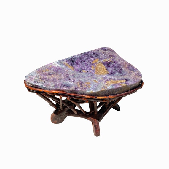 Crystal Jade Stone Top Bamboo Wood Stick Base Accent Stool Stand