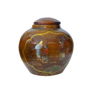 Chinoiseries Golden Graphic Brown Lacquer Fat Round Jar Shape Display ws3428AE image 7