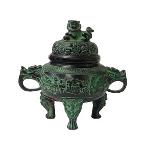 Chinese Green Black Ancient Ding Shape Incense Holder Display ws1452E