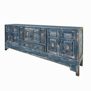 Chinese Distressed Dark Blue Vases Relief Pattern TV Console Table Cabinet cs7738E image 5