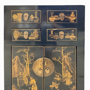 Vintage Oriental Distressed People Golden Graphic Black Side Table Cabinet cs7767E image 6