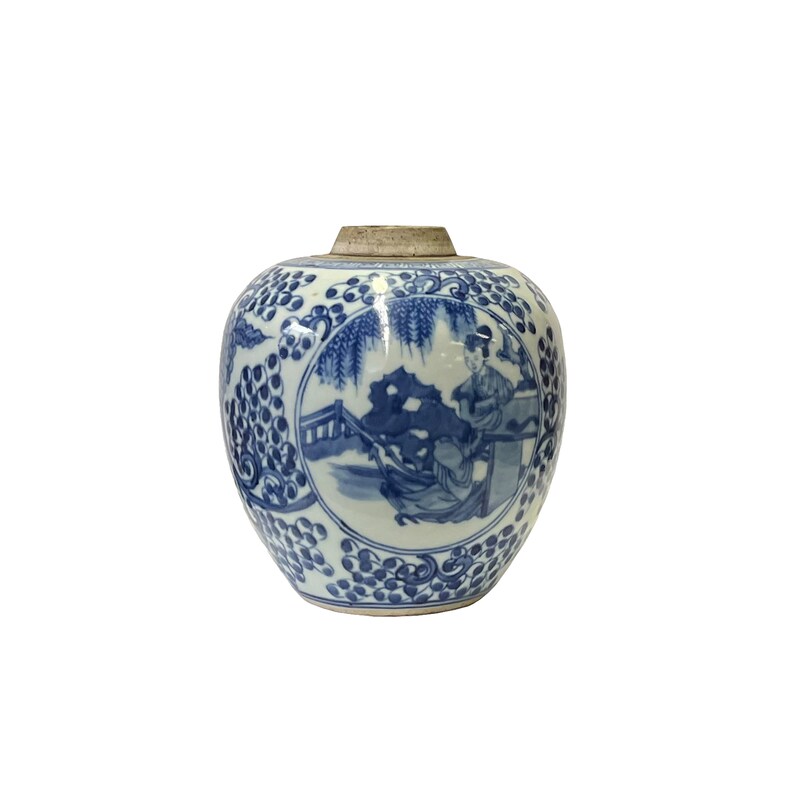 Oriental Dots People Small Blue White Porcelain Ginger Jar ws3333E image 3