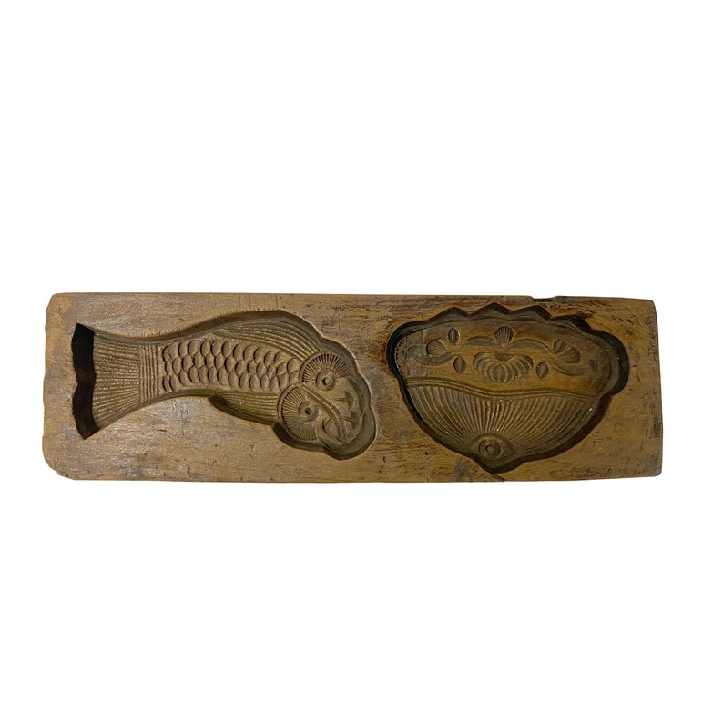 Vintage Wood Flower Fish Pattern Cake Maker Mold Board ws2438E image 1