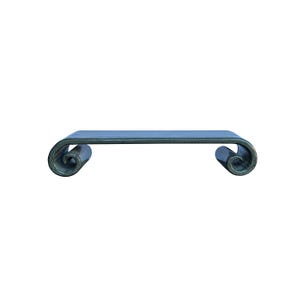 May include: A dark green wooden scroll bench with a flat top and curved ends. The bench is made of wood and has a dark green finish.
