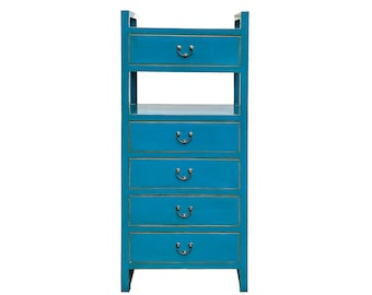 Oriental Bright Benitoite Blue Drawers Open Shelves Chest Cabinet Stand cs7564E