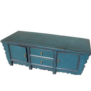 Oriental Distressed Rustic Teal Blue Lacquer Low Console Table Cabinet cs4622E image 6