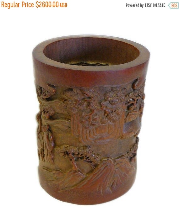 Chinese People Pine Carving Bamboo Display Figure Brush Holder Pot cs695-20S Chinese People Pine Carving Bamboo Display Figure Brush Holder Pot cs695-20S