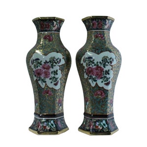 Pair Ceramic Golden Base Enamel Flower Half Hexagon Wall Vases cs5223E