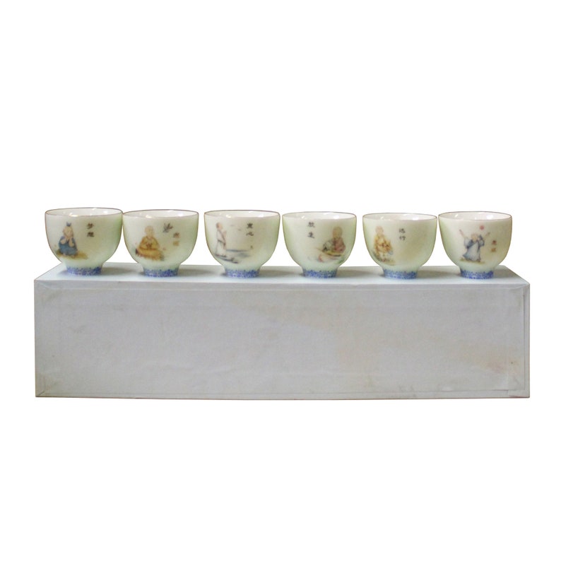 Chinese Off White Kid Lohon Graphic Porcelain Handmade Tea Cup 6 pieces Set ws592E image 3