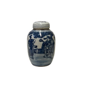 Chinese Blue White Ceramic 3 Gods Graphic Container Urn Jar ws3121E