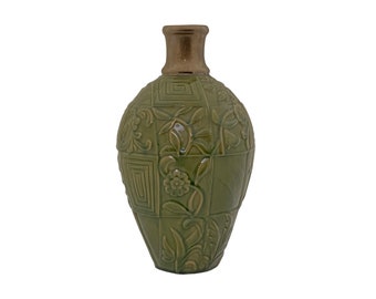 Olive Green Copper Color Mouth Relief Floral Motif Ceramic Art Vase ws3536E