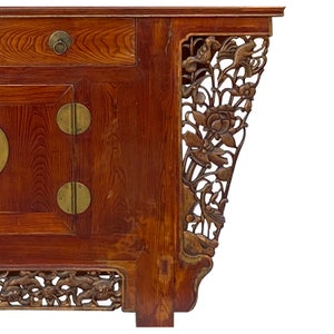 Chinese Rustic Brown Vintage Point Edge Flower Apron Console Cabinet cs7305E image 6