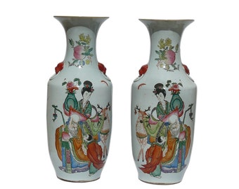 Pair Vintage Chinese Porcelain Oriental Scenery Vases cs651E