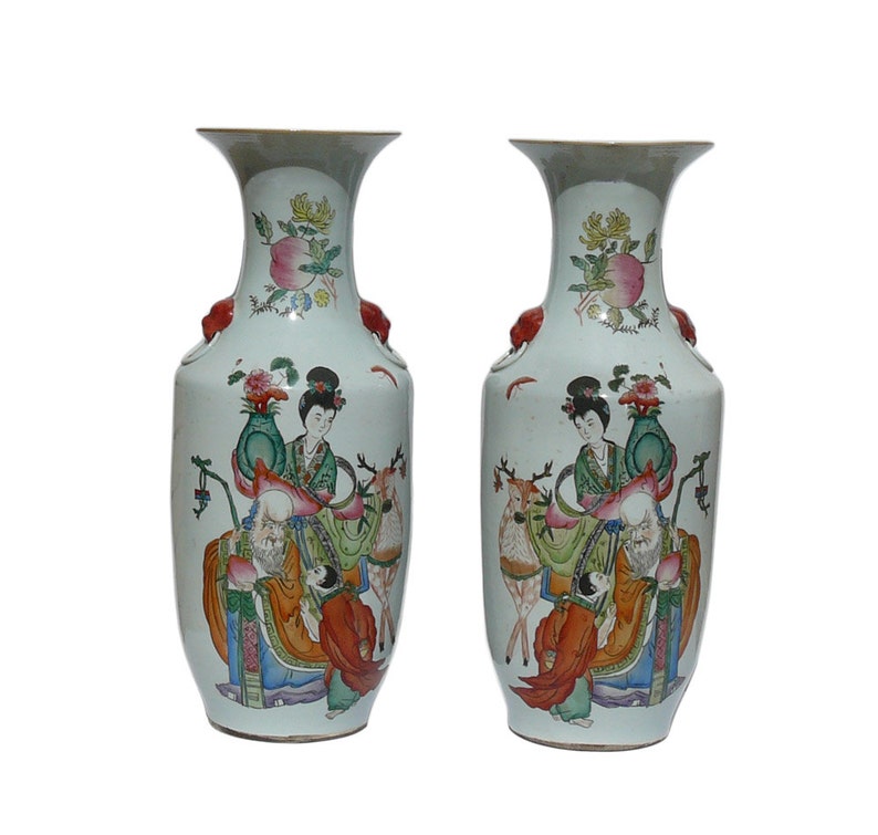 Pair Vintage Chinese Porcelain Oriental Scenery Vases cs651E image 1