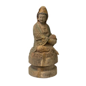 Chinese Rustic Wood Sitting Guan Yin Kwan Yin Bodhisattva Statue ws1527E image 1