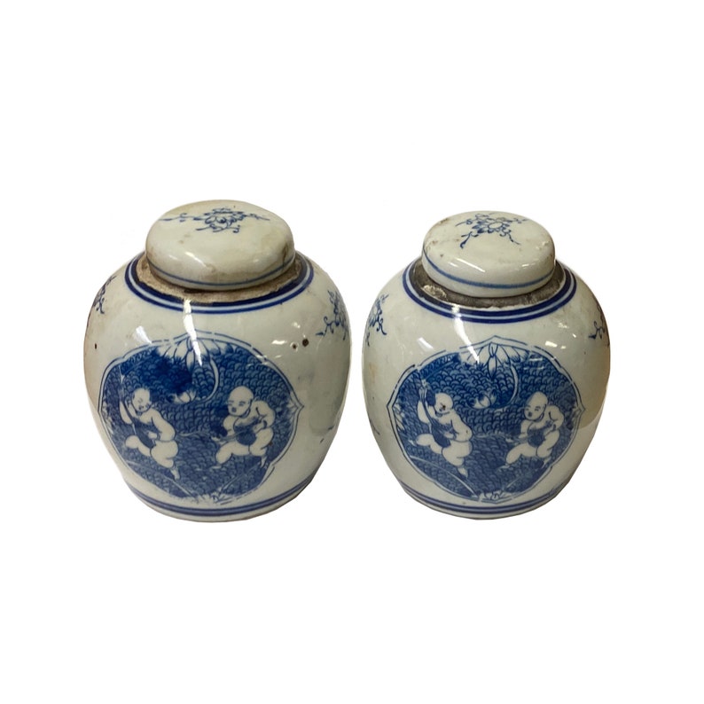 Pair Blue White Small Oriental Graphic Porcelain Ginger Jars ws951E image 2