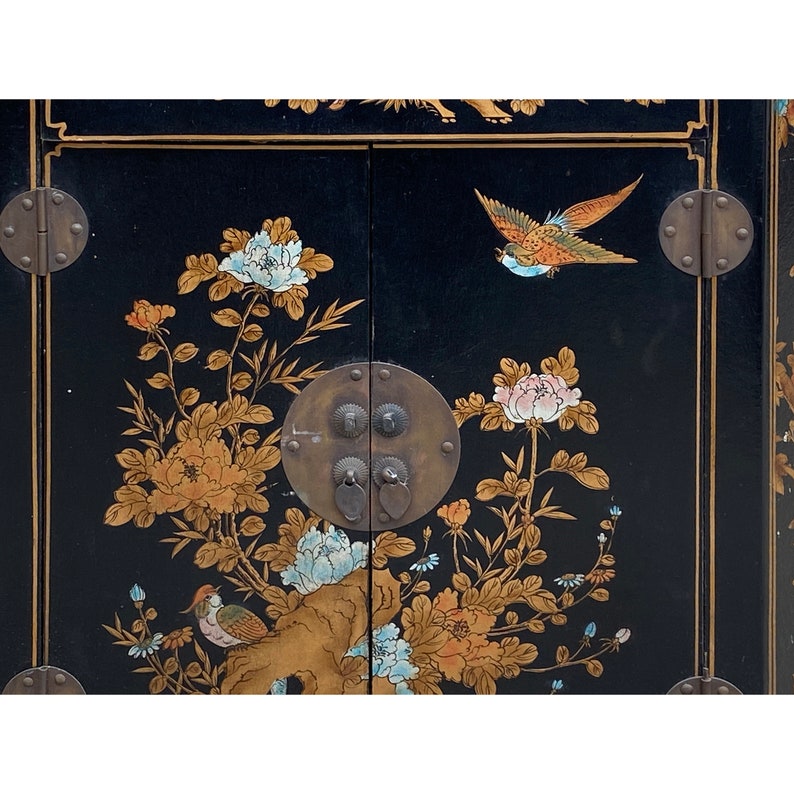 Oriental Black Veneer Flower Birds Graphic Slim Side Table Cabinet cs7800E image 6