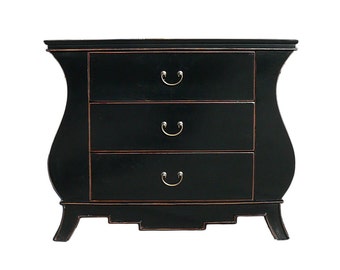 Chinese Black Lacquer Curve Legs 3 Drawers Dresser Cabinet cs1152E