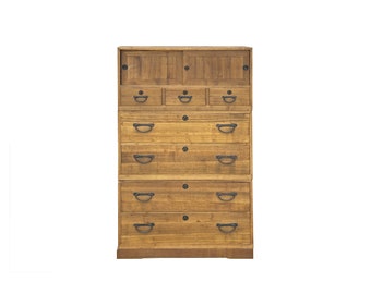 Vintage Brown Wood Hardware Accent 3 Stack Tansu Chest Cabinet ws3852E