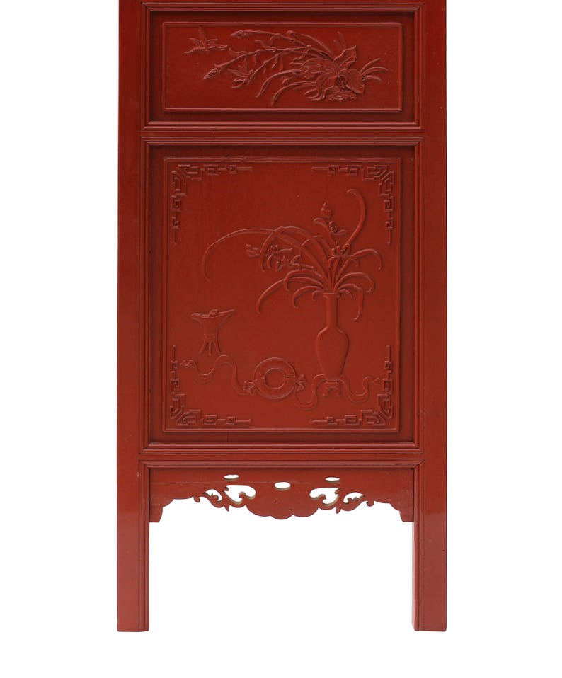 Chinese Red Paint Geometric Flower Bird Accent Narrow Floor Panel Headboard cs3569E image 4