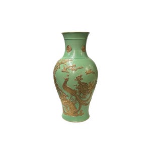 Vintage Chinese Pastel Green Turquoise Golden Birds Porcelain Vase JK201E