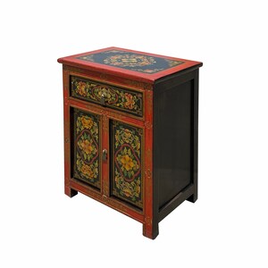Tibetan Oriental Black Orange Red Floral End Table Nightstand cs6949E image 2
