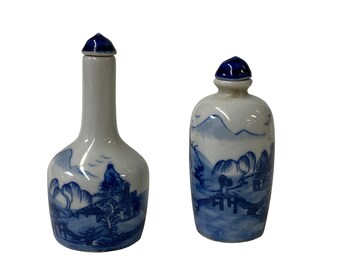 中国　スナッフボトル 2 x 中国磁器スナッフボトル ブルー ホワイト 風景グラフィック