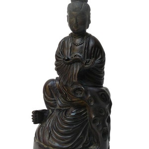 Chinese Tan Wood Carved Sitting Kwan Yin Statue vs580E