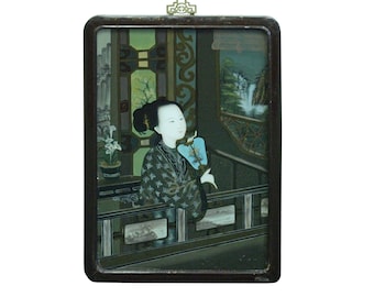 Vintage Chinese Reverse Painting Glass Lady Portrait Wall Art ws453E