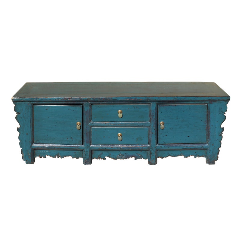 Oriental Distressed Rustic Teal Blue Lacquer Low Console Table Cabinet cs4622E image 2