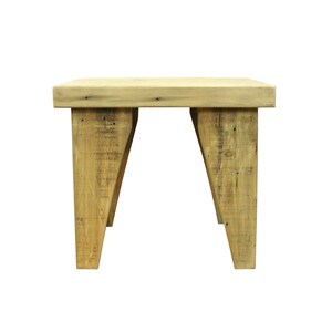 May include: A rustic wooden side table with a square top and four legs. The table is made of reclaimed wood and has a natural finish.