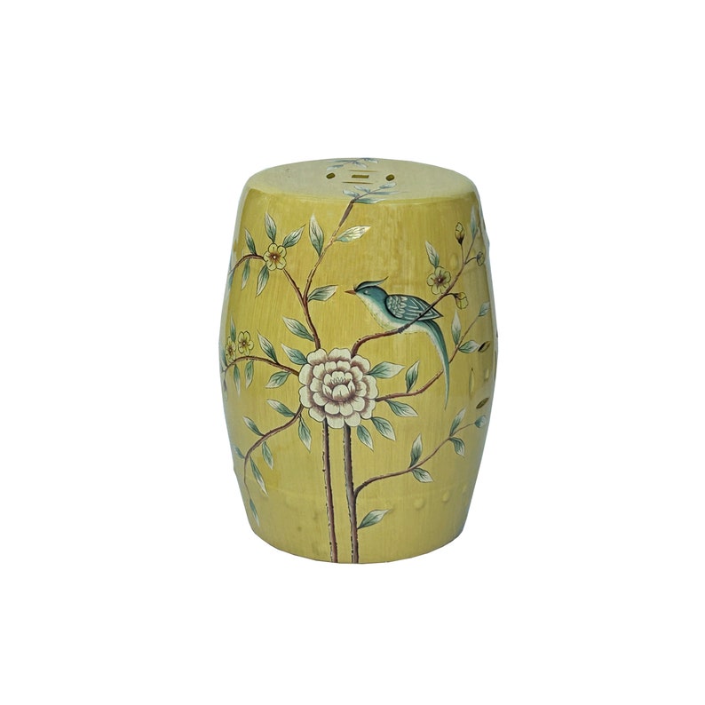 Distressed Yellow Porcelain Flower Birds Round Barrel Stool Table ws3692E image 6
