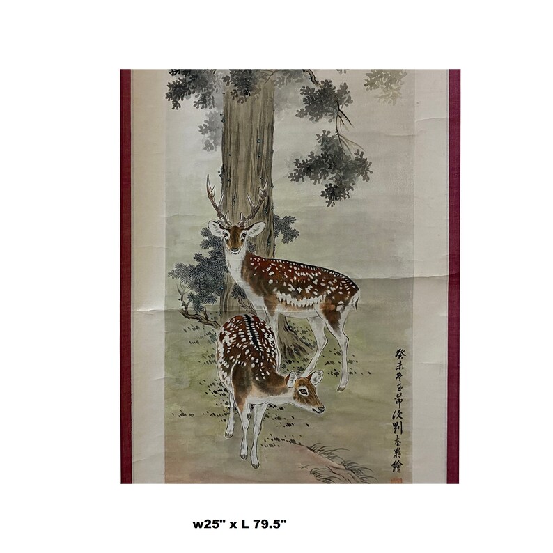 Vintage Chinese Color Ink Double Deer Scroll Painting Wall Art ws1977E image 3