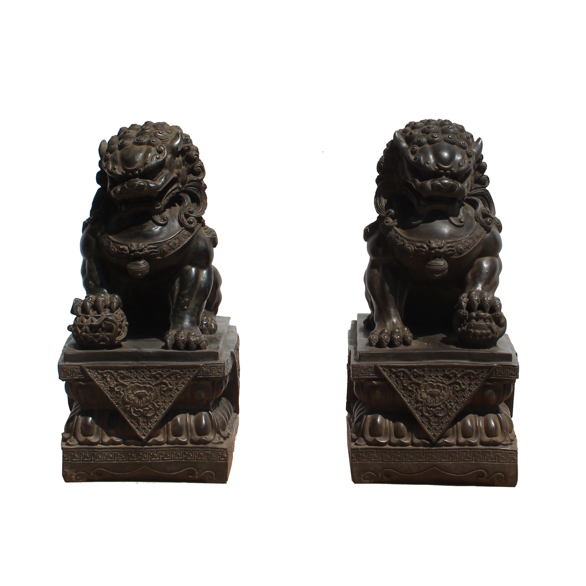 Pair Chinese Distressed Black Brown Marble Like Fengshui Foo Dogs Cs5805E