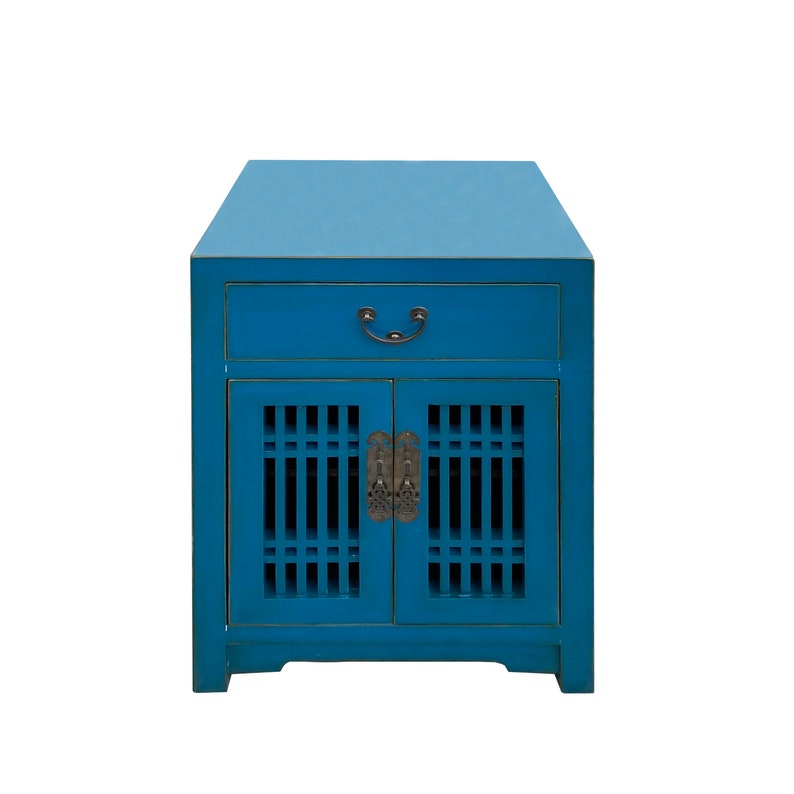 Distressed Bright Bice Blue Shutter Doors End Table Nightstand cs7495E image 2