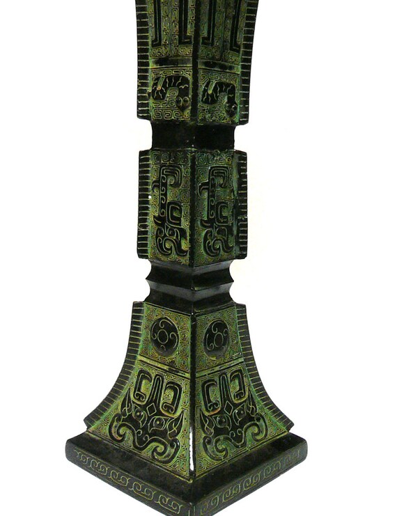 Ancient Chinese, Shang Dynasty Inspired, Ceremonial Green Bronze Vessel Square Tall Vase cs1045-2S Ancient Chinese, Shang Dynasty Inspired, Ceremonial Green Bronze Vessel Square Tall Vase cs1045-2S