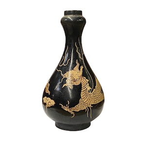Chinese Ware Brown Black Glaze Dragon Theme Ceramic Jar Vase ws1928E