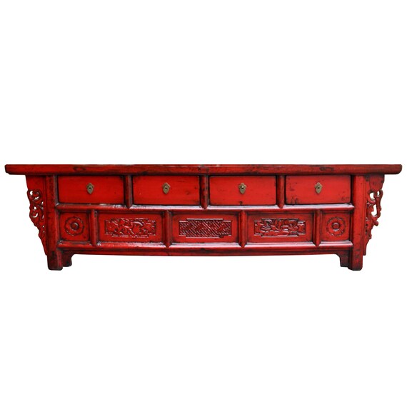 Chinese Distressed Brown Floral Motif Low Table Cabinet cs5021E