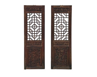 Pair Chinese Vintage Restored Wood Brown Flower Carving Wall Hanging Art ws3648E