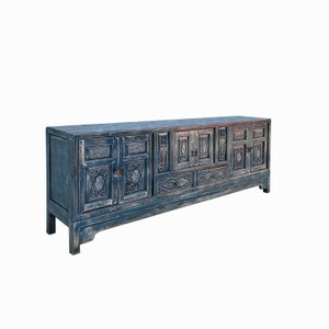 Chinese Distressed Dark Blue Vases Relief Pattern TV Console Table Cabinet cs7738E image 4