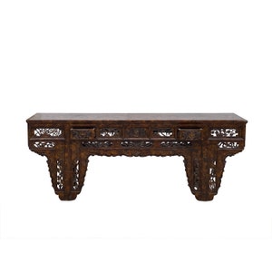 Vintage Chinese Brown Wood Open Flower RuYi Carving Apron Altar Console Table cs7802E image 2