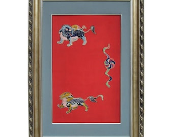 Antiques Chinese Foo Dog Playing Fireball Embroidery Painting Wall Decor s1656E