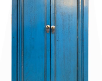 Oriental Dark Teal Blue Narrow Wood Detail Door Drawers Storage