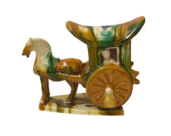 Oriental Tri-Color Green White Yellow Ceramic Horse Cart Art Figure GB656E