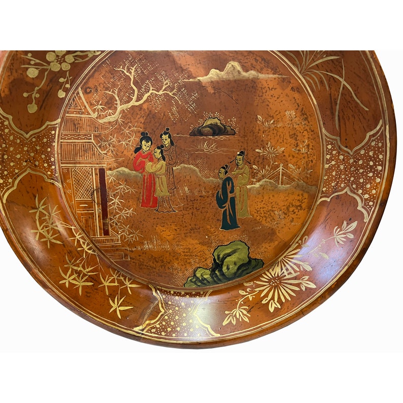 Chinoiseries Golden Graphic Brown Lacquer Round Display Disc Plate Tray ws3369E image 5