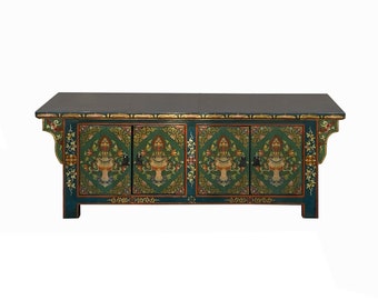 Chinese Tibetan Teal Green Blue Jewel Treasure Graphic Low TV Console Table cs7744E